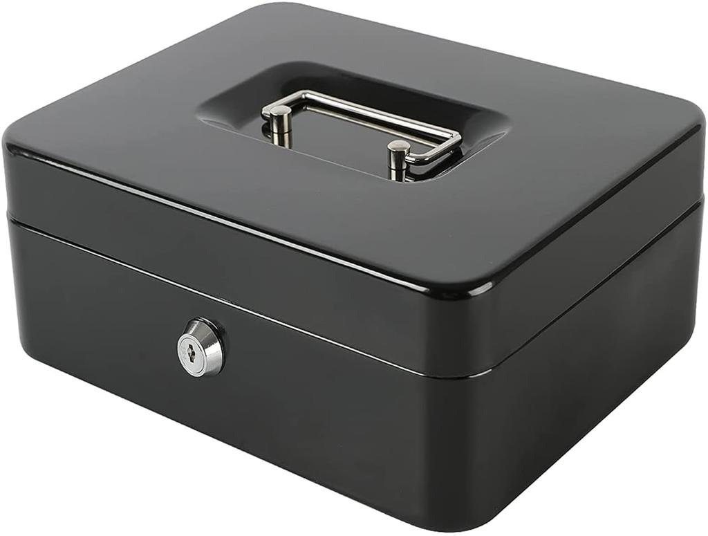 Indian Factory Metal Cash Box with Key Lock, Money and Coin Organizer for Shop, Office and Home, Black, 30 x 24 x 9 Centimeters