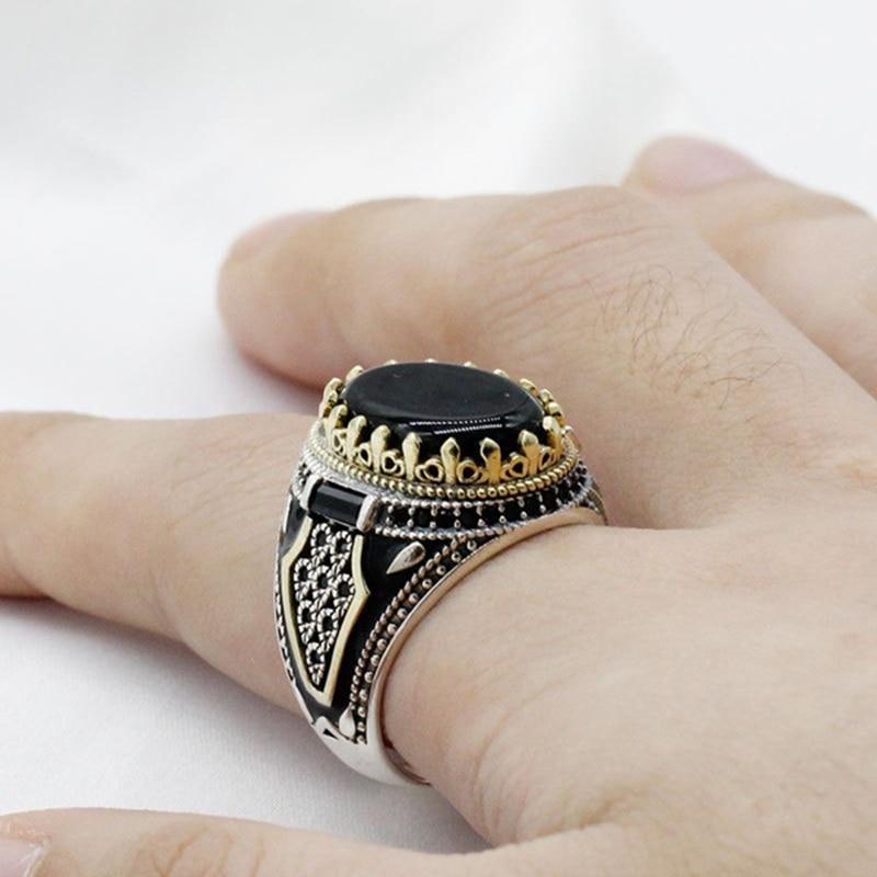 Retro Handmade Turkish Signet Ring Vintage Men Ancient Silver Plated Pattern Ring Inlay Black Zircon Party Punk Motor Biker Ring