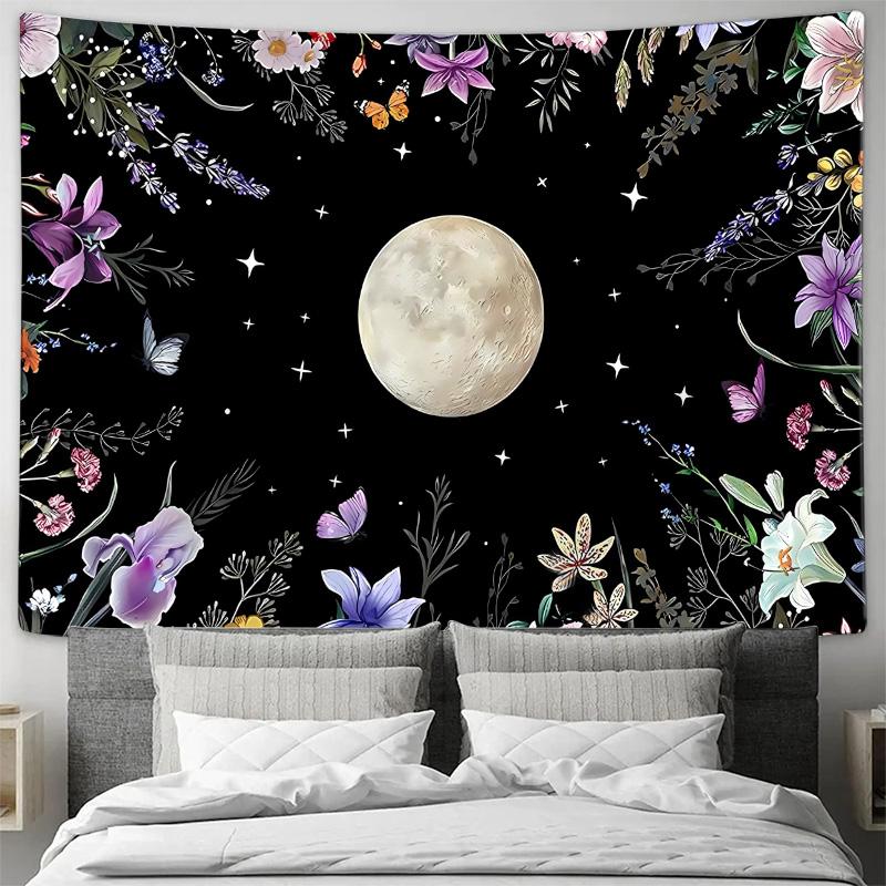 Moonlit Night Butterfly Tapestry with Starry Sky and Flowers Wall Decor for Bedroom Living Room Background