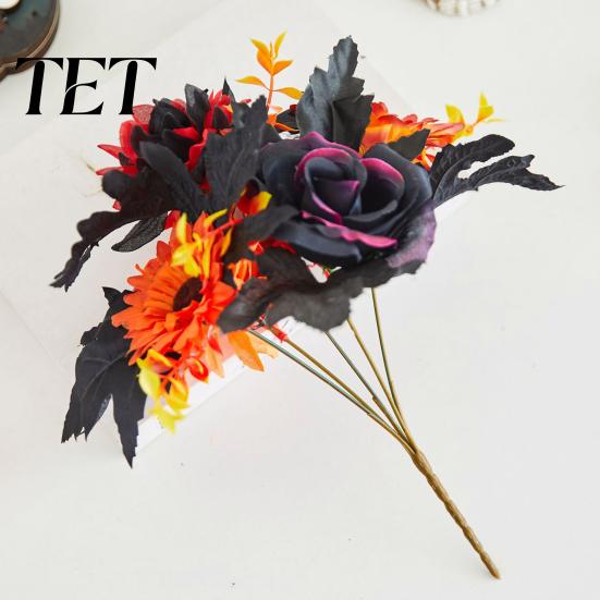 Thanksgiving Centerpiece Halloween Artificial Flower, Fall Faux Sunflower Rose Bouquet with Black Rustic Tabletop Maple Leaves, Autumn Fake