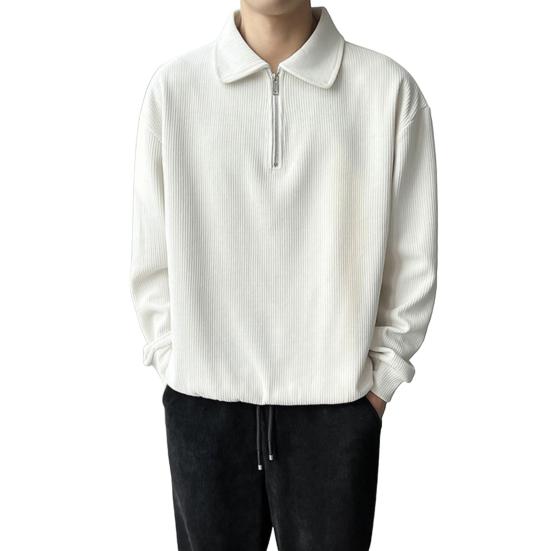 Men Fall Spring Top Half Zipper Turn-down Collar Corduroy Loose Vertical Striped Solid Color Long Sleeves Pullover Office Shirt for Commuting School