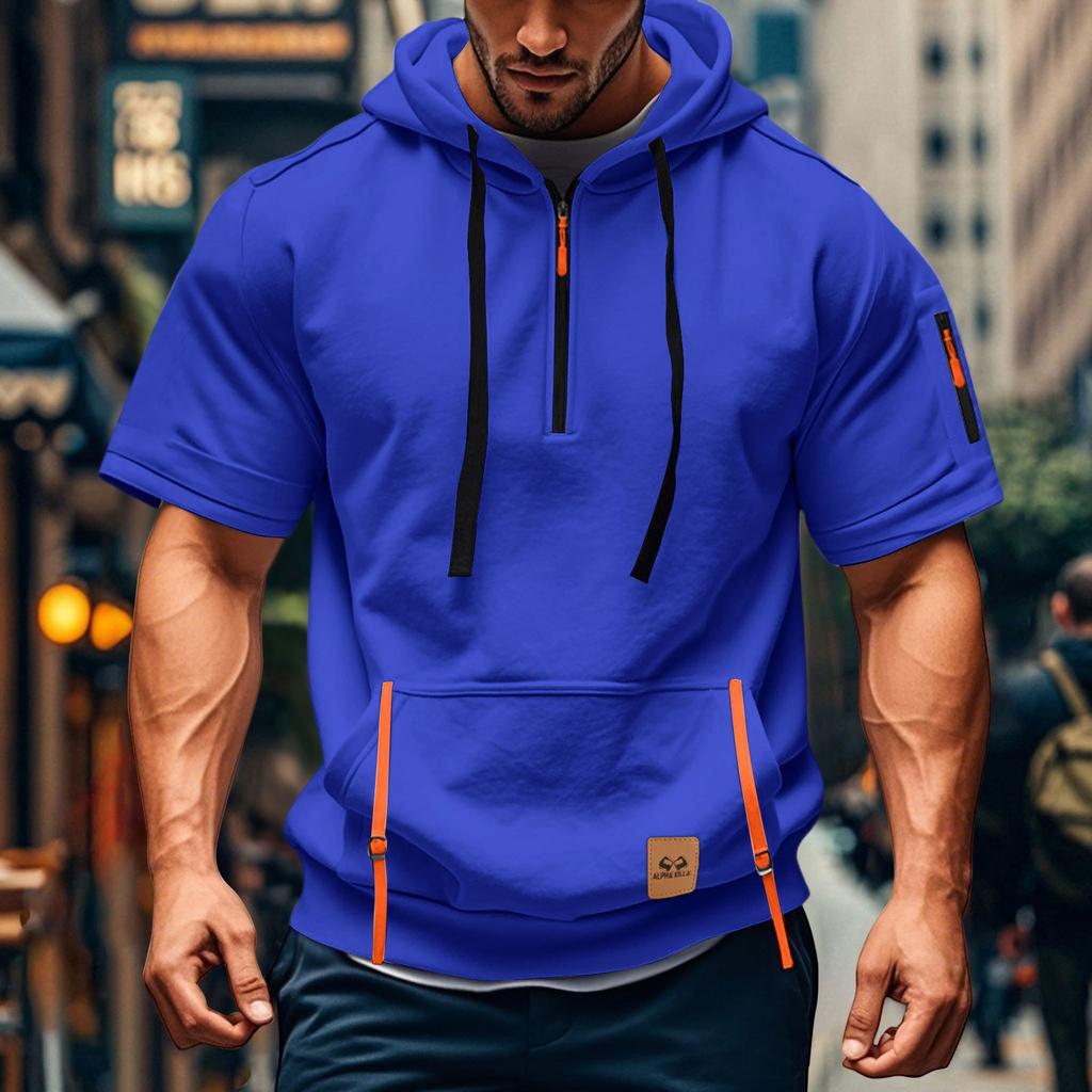 Men's Hoodie Casual Vintage Short Sleeve Workout Sweatshirt With 1/4 Zipper Pullover Active Hoodies