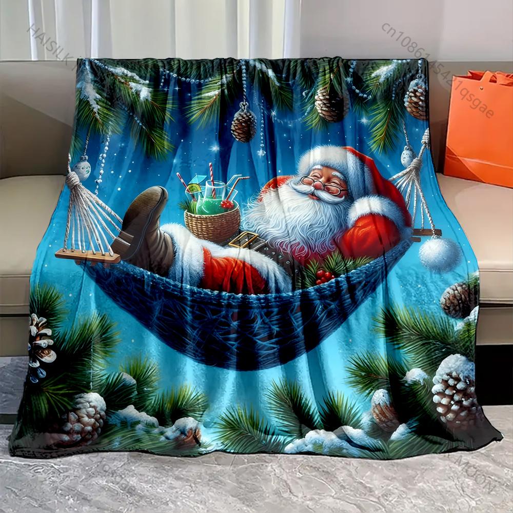 1PC Santa lounging in a hammock pattern Blanket Flannel Material Soft Warm for All Seasons,For Home Outdoor Camping Picnics RV