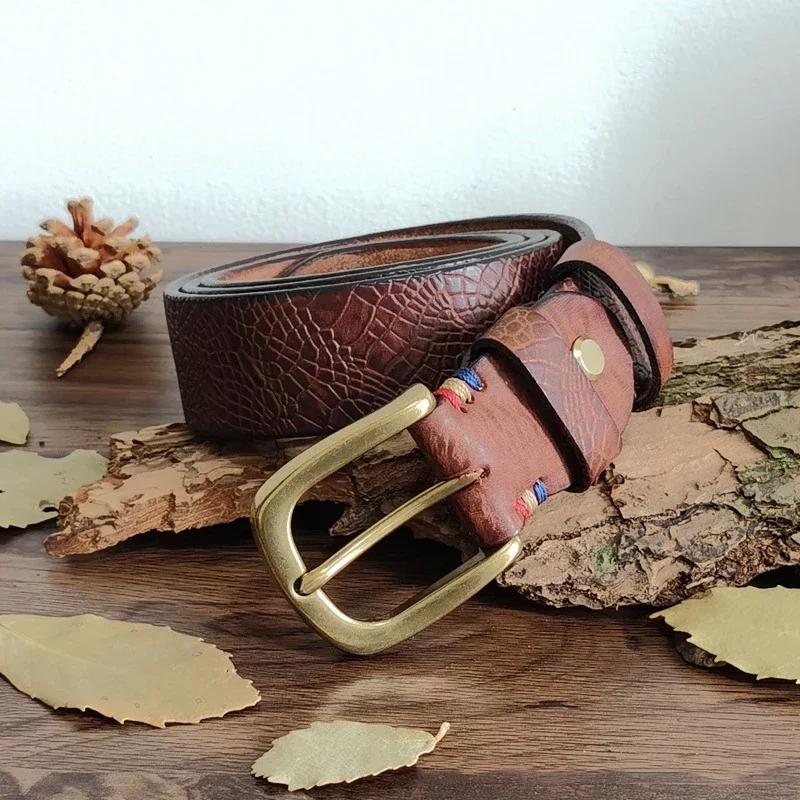 Top Cow Genuine Leather Brass Buckle Belts for Men Luxury Designer High Quality Fashion Style Vintage Embossing Cowboy Male Belt