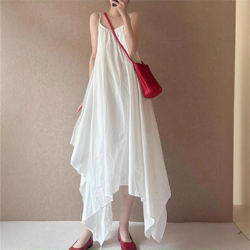 2025 Summer New Minimalist Irregular Hem Suspender Long Dress Women's Loose and Beautiful Solid Color Sleeveless Travel Photography Dress
