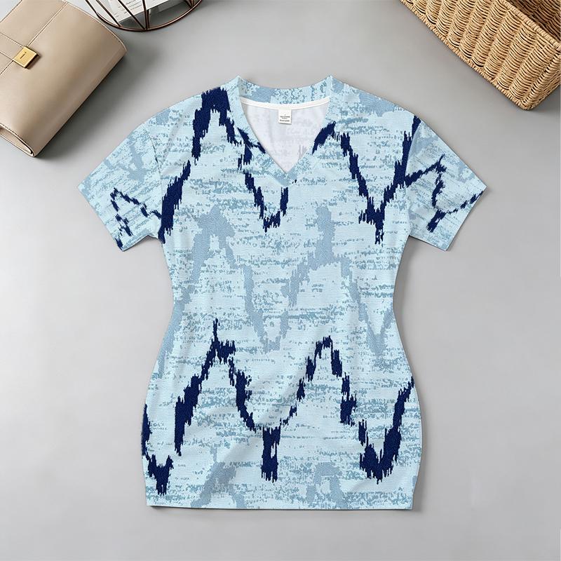 Women's Short Sleeve Bodycon Dress, Blue White Geometric V Neck, Comfortable Fabric for Beach Vacation, Daily Commute & Casual Wear