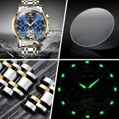 OLEVS Men's Stylish Blue Automatic Waterproof Date Luminous Business Skeleton Arm Watch Popular Brand Blue