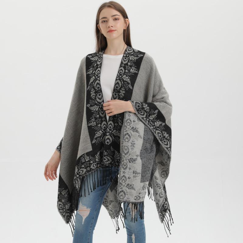 New Split Shawl Autumn and Winter Imitation Cashmere Warm Fringed Cape Scarf