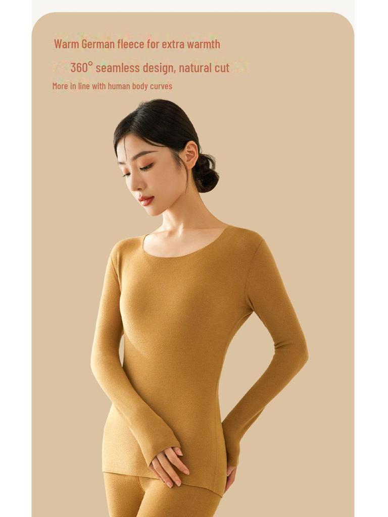 Женская немецкая бархатная бесшовная плюшевая теплая рубашка с круглым вырезом - утолщенная зимняя внутренняя одежда