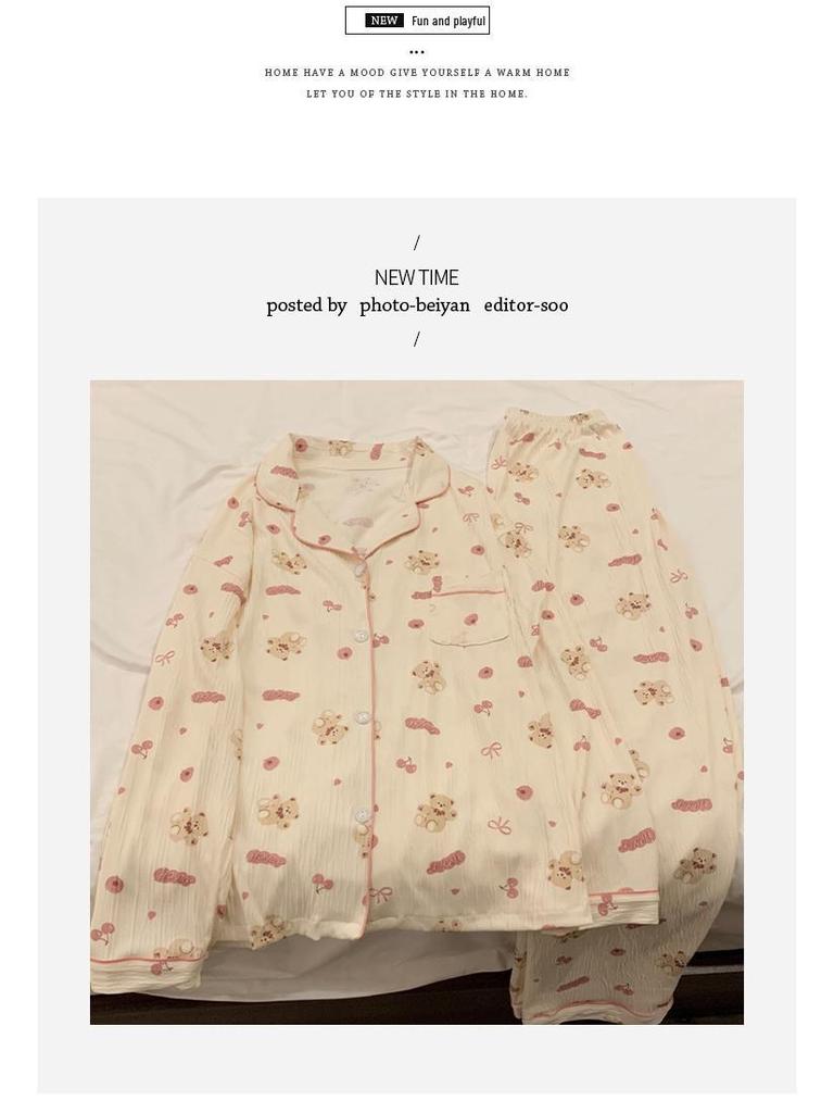 Milky Pink Cherry Bear Women's Cute Long Sleeve Pajama Set for Spring