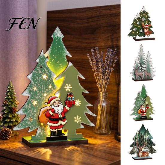 Holiday Table Decoration Wooden Christmas Tree Decor with LED Light, Rustic Standing Sign Tabletop Reindeer Santa Claus for Tiered Tray, Home