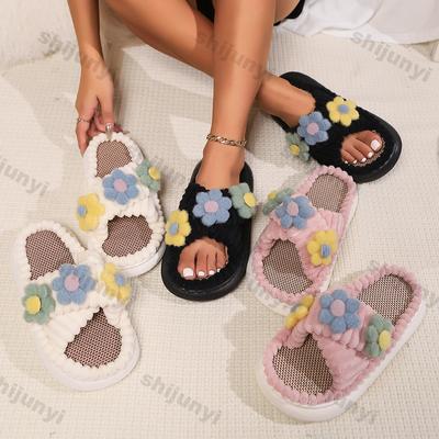 Домашние тапочки в стиле ретро с вельветовыми полосками, милые цветочные женские осенние теплые плюшевые шлепанцы для дома, женские тапочки с мягкой подошвой из хлопка