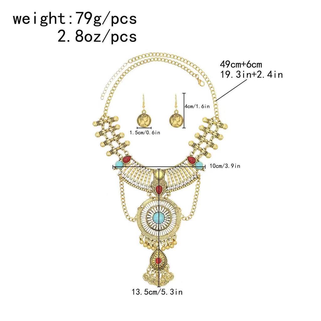 Bohemian Retro Alloy Rhinestone Turquoise Tassel Earrings & Necklace Set