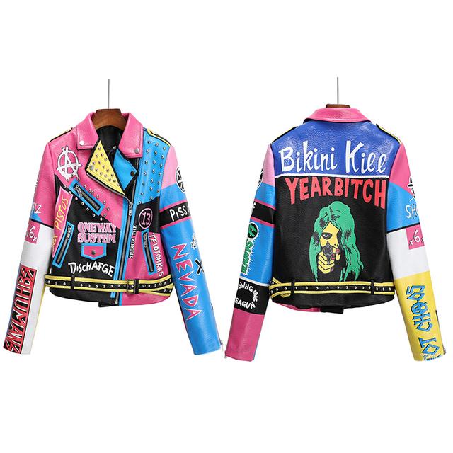 Весенние короткие кожаные куртки с рисунком черепа в стиле граффити для женщин в стиле панк, тонкая уличная одежда с заклепками, мотоциклетные куртки, пальто