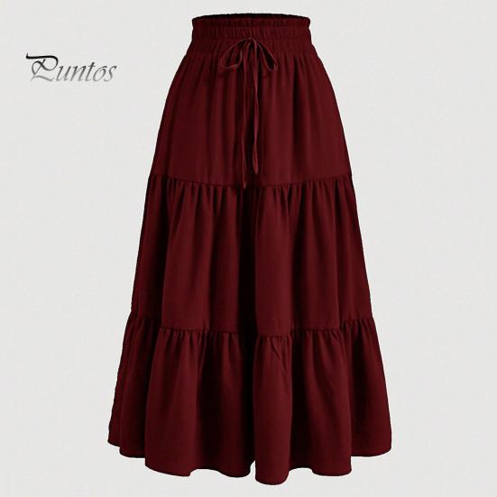 Женская юбка в стиле бохо, эластичная, с высокой талией, регулируемая, с завязками на талии, однотонная, А-силуэт, летняя юбка