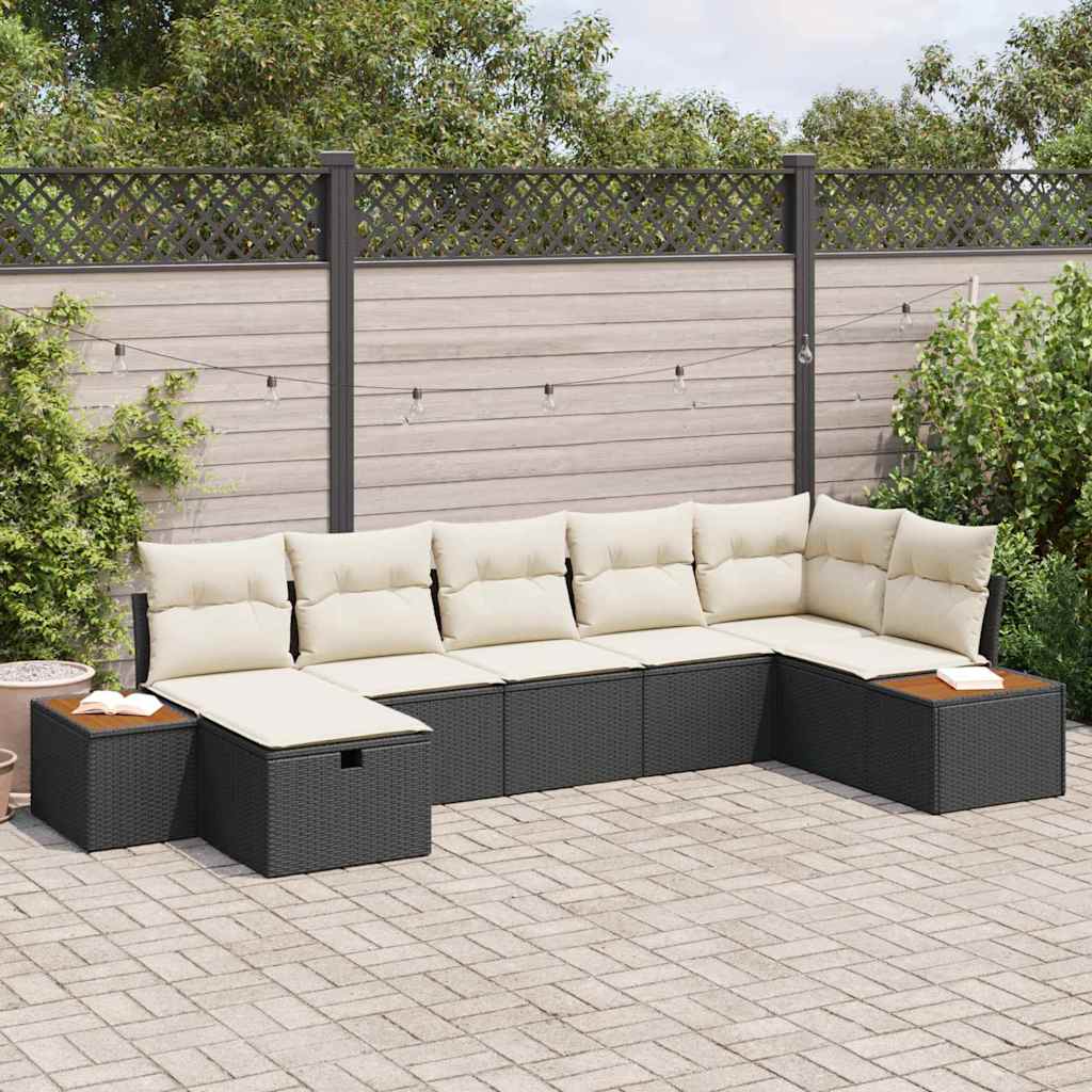 7 Piece Garden Sofa Set with Cushions Black Poly Rattan