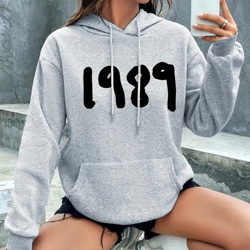 1989 однотонный пуловер с капюшоном и завязками с принтом, пуловер с карманом-кенгуру, активная толстовка с капюшоном, женские толстовки