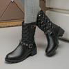 Large Size Women's Leather Boots Autumn and Winter New Retro Plaid Belt Buckle Round Head Thick Heel Medium Boots