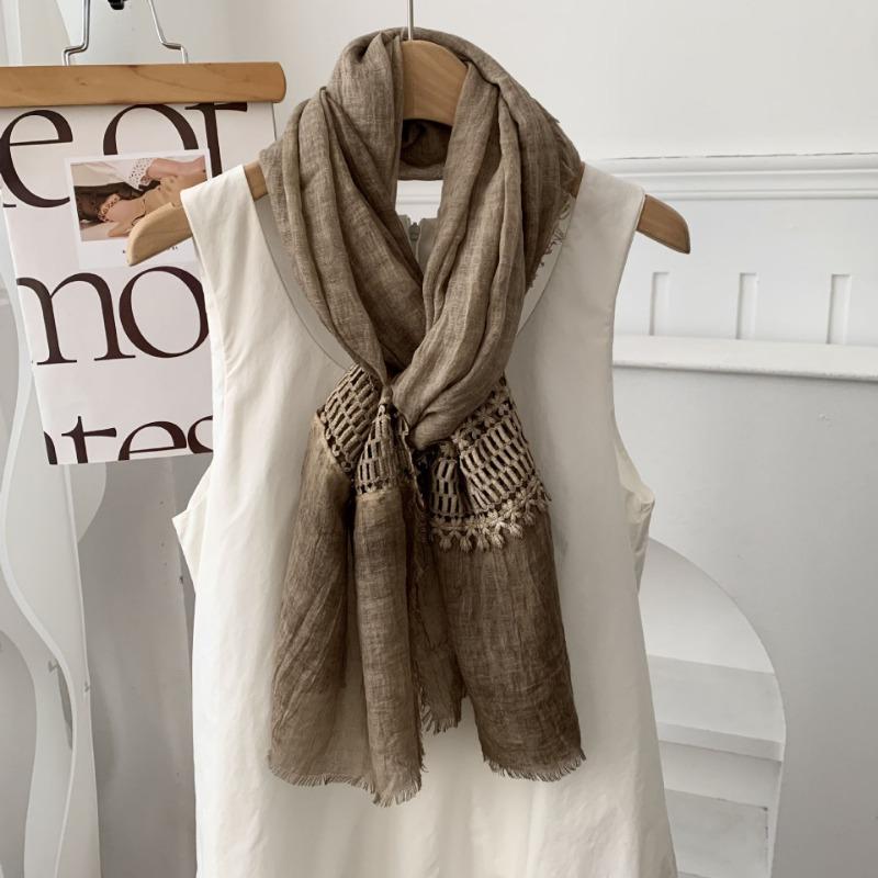 Cotton and Linen Scarf New Fashion Design Sense Solid Color Neck Protection Scarf Literary and Retro Splicing Scarf Shawl