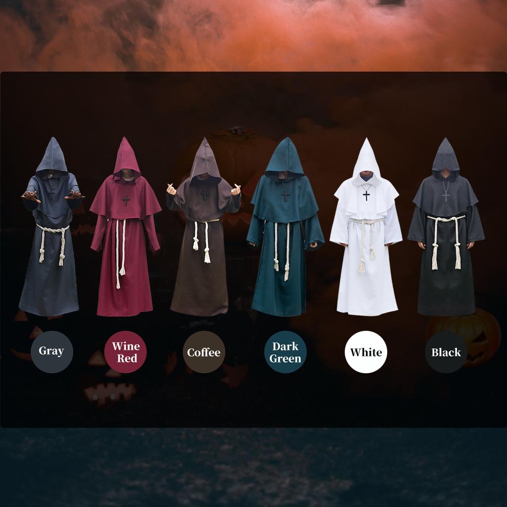 Halloween Hooded Priest Costume With Cross Necklace Waist Belt Unisex Men Women Solid Long Father Vicar Fancy Dress Medieval Priest Cosplay Costumes