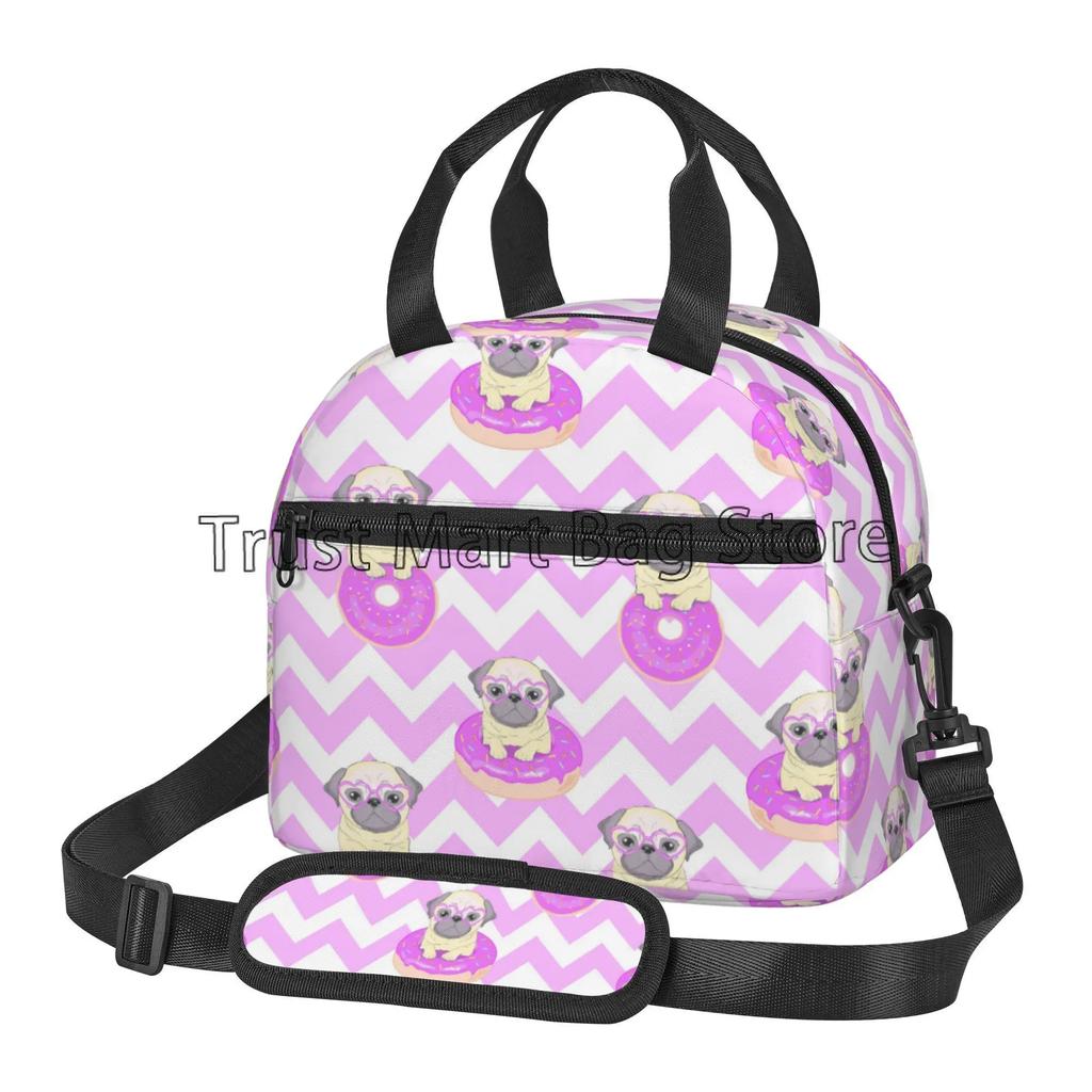 Cute Pug Dog Insulated Lunch Bag for Women Kids Thermal Lunch Box Portable Cooler Tote Bags for School Work Picnic Beach Travel
