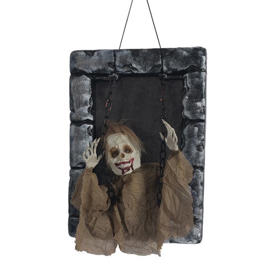 Animated Halloween Decoration Hanging Skull/Ghost/Pumpkin Man Prisoner with Light-up Eyes And Spooky Sounds for Home Porch Party Haunted House Decor