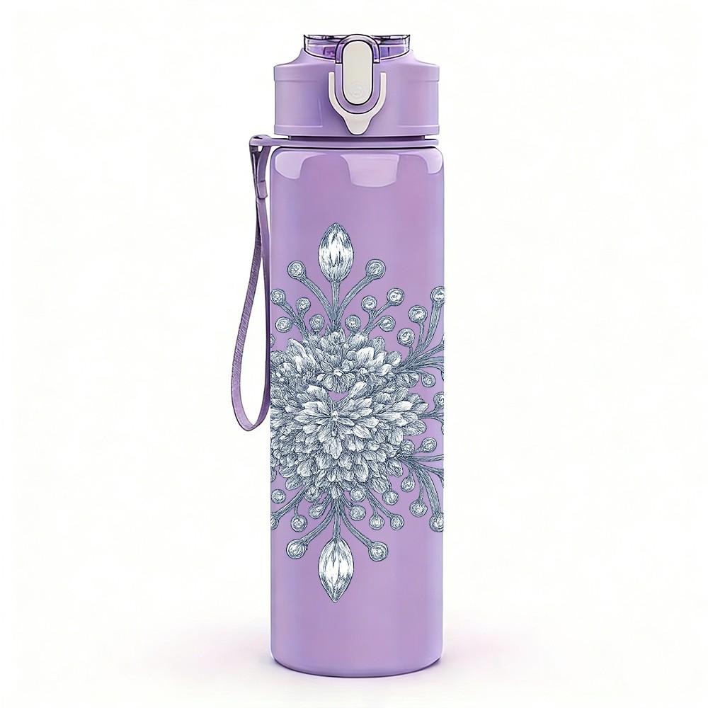 1PC Snowflake Winter Frost Pattern Print 750ml Color Plastic Sports Water Bottle Leakproof Flip Straw Lid Suitable for Sports Office Home Use