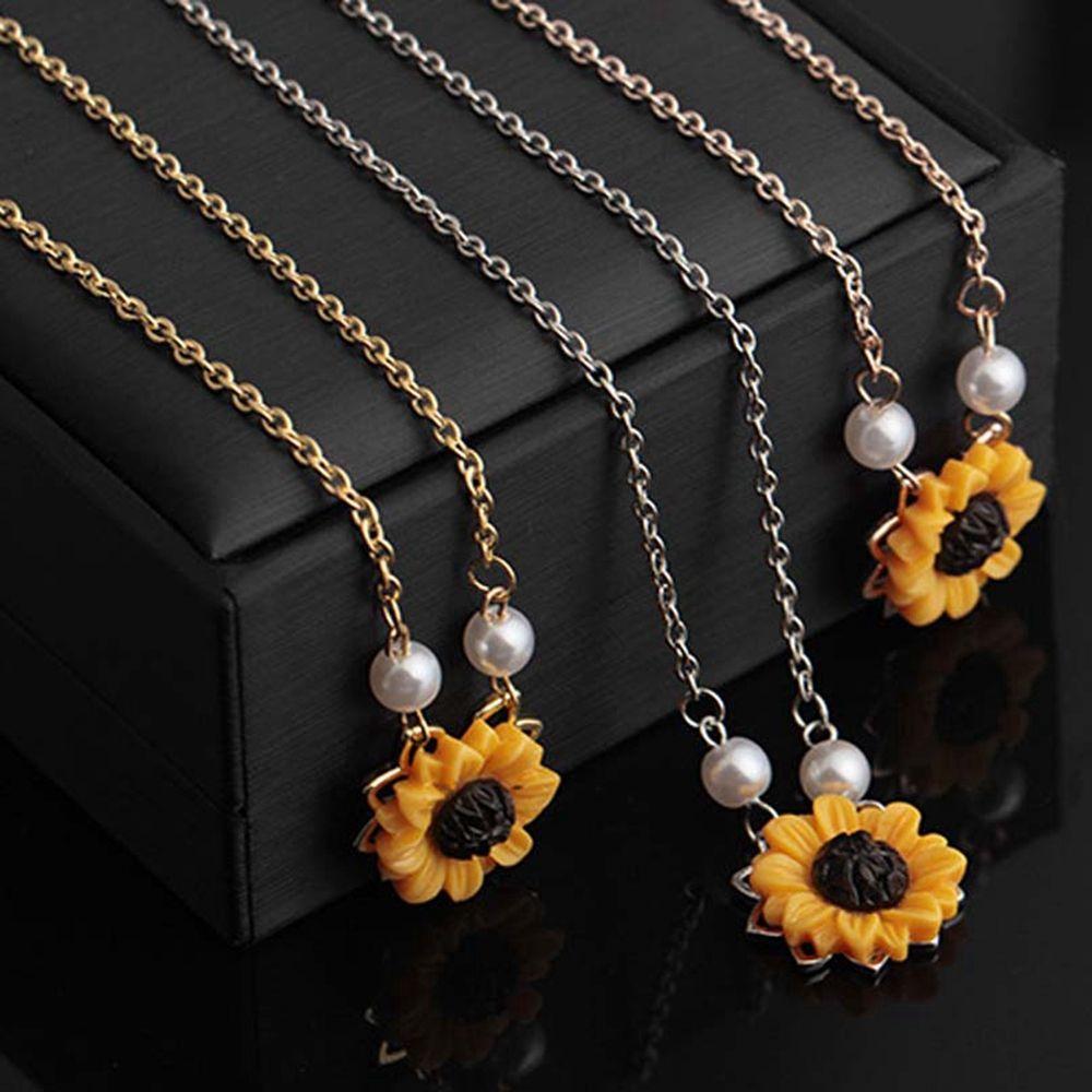 Women Jewelry Romantic Sunflower Necklace Pearls Flower Pendant Chain Gold Plated