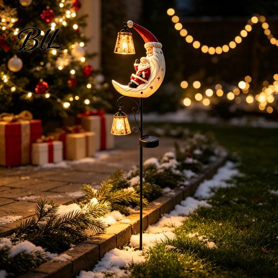 Hollow Snowflake Star Lawn Ornament Solar Christmas Santa Claus Moon Garden Stake Light, Waterproof Crescent Festive Holiday Pathway Decorations