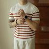 Мужская ретро-футболка с круглым вырезом, полосатая, вязаная, повседневная, с коротким рукавом, пуловер.