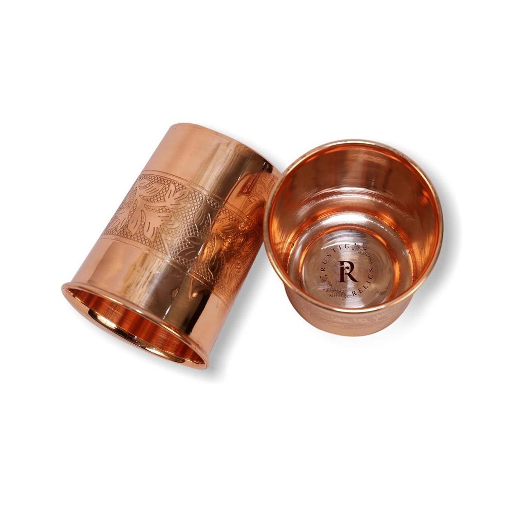 Pure Copper Water 6 Glass Set Hand Made | With Beautifully Embosed Engraving Design | Drinkware with Ayurvedic Health Benefits