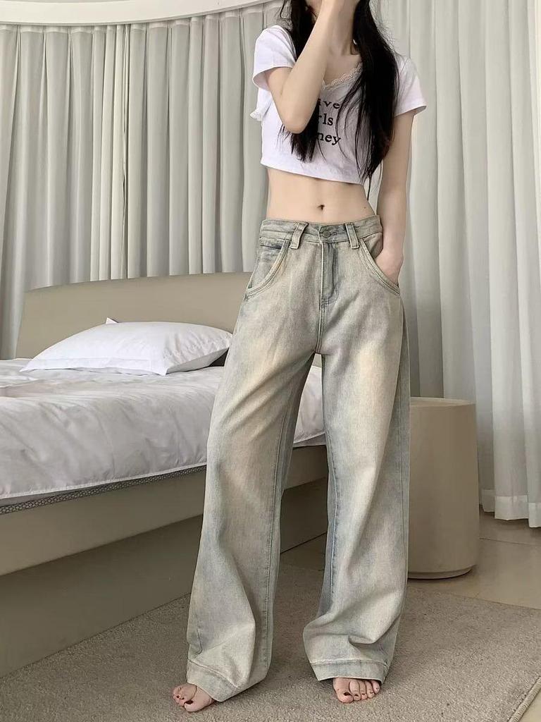 Женские джинсы осень 2024 года, светлые, с заниженной талией, в стиле ретро, широкие джинсы