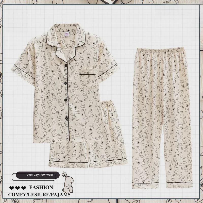 Летняя пижамная одежда Dopamine Pink Striped из хлопкового крепа - женская, с короткими рукавами, из трех предметов