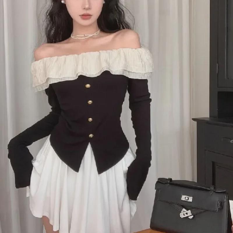 Осень 2024 г. Французский облегающий топ с открытыми плечами и оборками для женщин