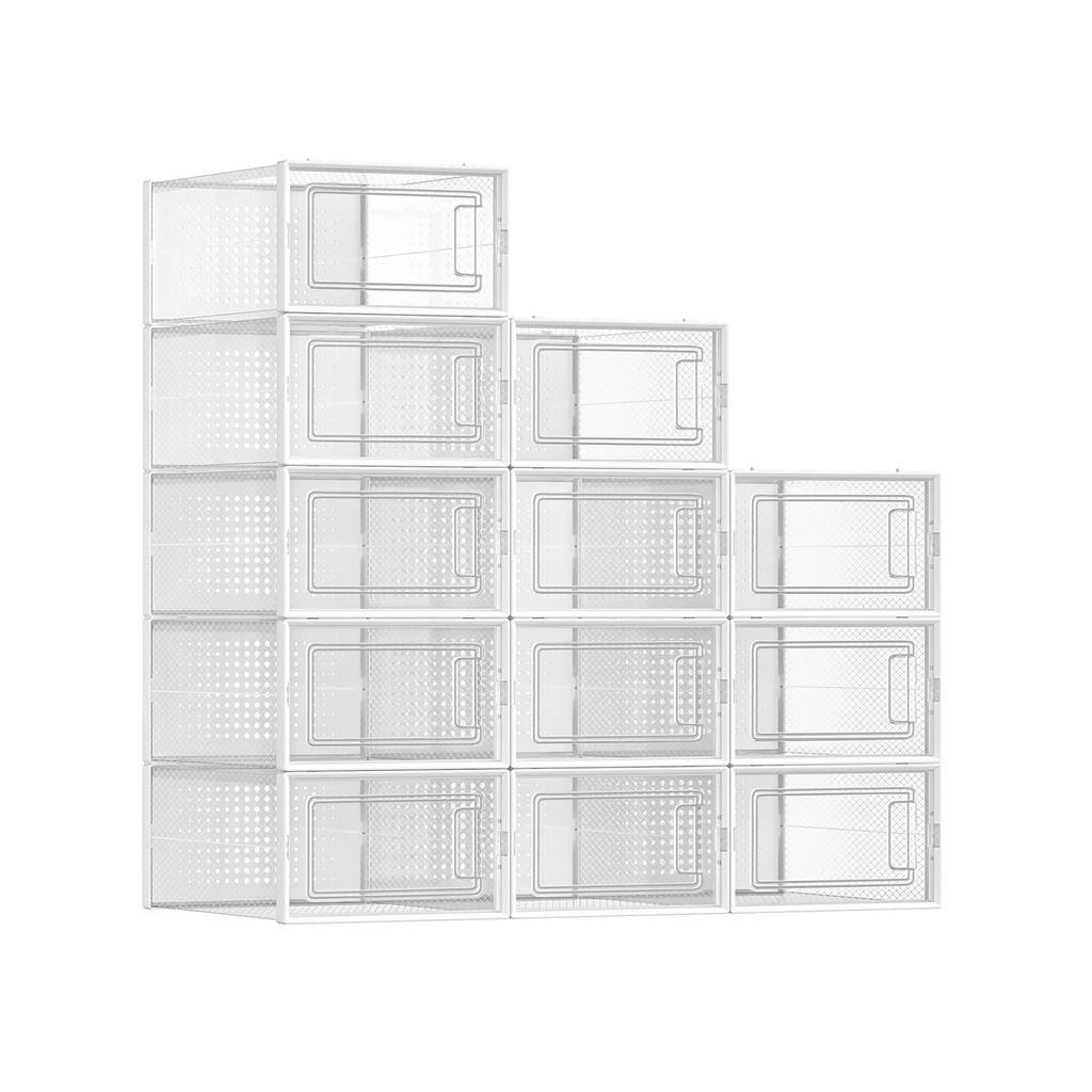 SONGMICS Shoe Boxes, Pack of 12 Stackable Shoe Storage Organisers, Foldable and Versatile for Sneakers, Fit up to UK Size 10.5, Transparent and White