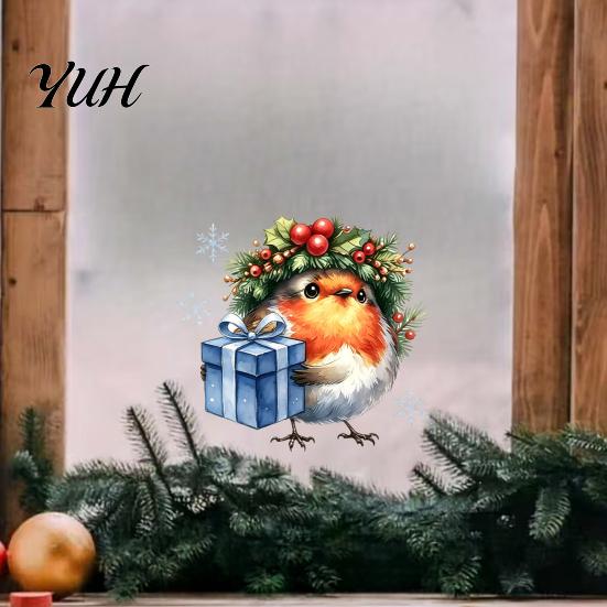 Cute Animal Pattern Stickers Christmas Bird Static Window Sticker, Watercolor Glass with Wreath And Gift Box, PVC Decals for Waterproof Clings Holiday