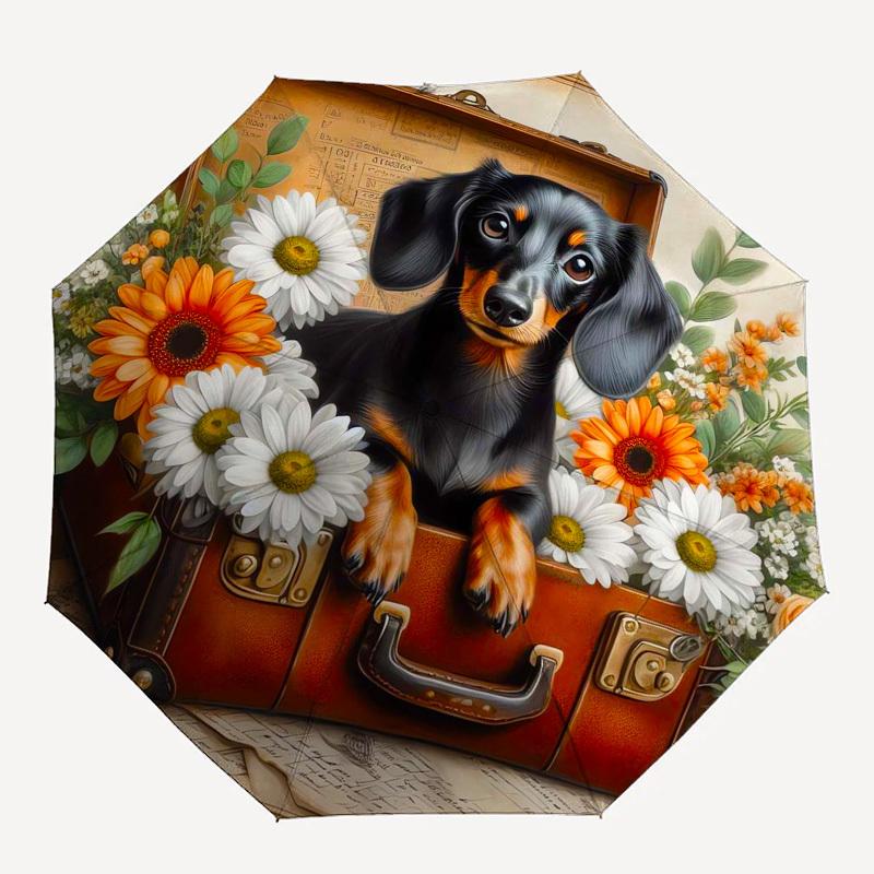 1pc Dachshund in suitcase with flowers Umbrella with Plastic Handle,Suitable for All Seasons Home Travel Outdoor Umbrellaptys31047