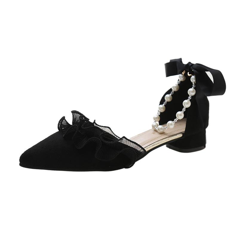 Французские босоножки на блочном каблуке с острым носком, женские весенние босоножки с жемчужным вырезом на каблуке