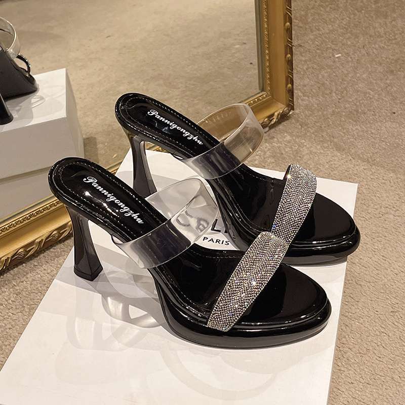 Transparent High Heels Women's Summer Fashion Open-toed Rhinestones with Sandals Sexy Super High Heel Waterproof Table Sandals Outside