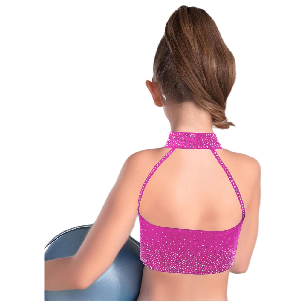 Girls Halter Crop Top Sleeveless Cross Front Backless Sparkling Rhinestones Dance Gymnastics Costume
