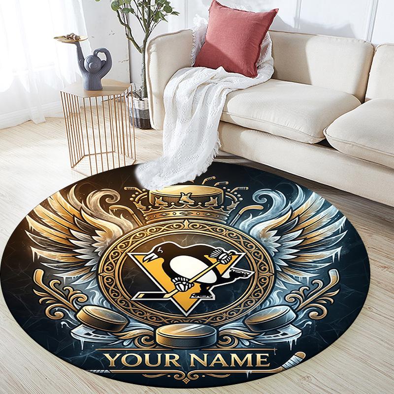 Custom Name Pittsburgh Penguins Round Area Rug,Carpet Rug for Living Room Bedroom Sofa Playroom Decor,Non-slip Floor Mat