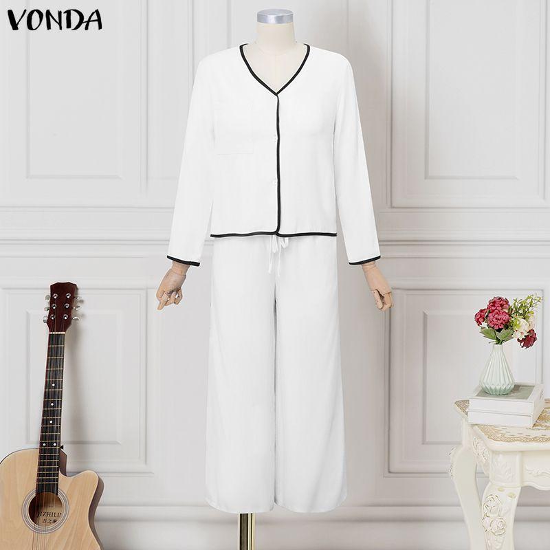 VONDA 2 шт. Женский повседневный костюм-двойка: блузка с длинным рукавом и брюки, сшивной