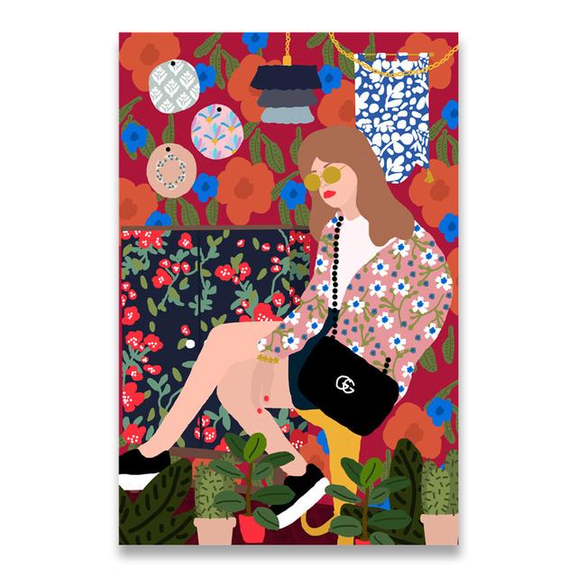 Абстрактная мода в стиле ретро для девочек, растение, собака, настенная живопись маслом, скандинавские постеры и принты, украшение для гостиной