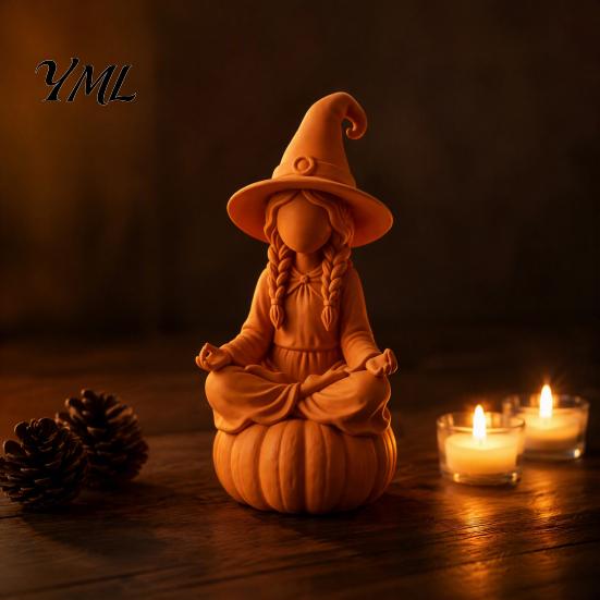 Creative Art Home Accessories 3D Printed Meditating Witch Figurine on Pumpkin Base, Minimalist Base Wizard Statue Halloween Autumn Desktop Statue, DIY