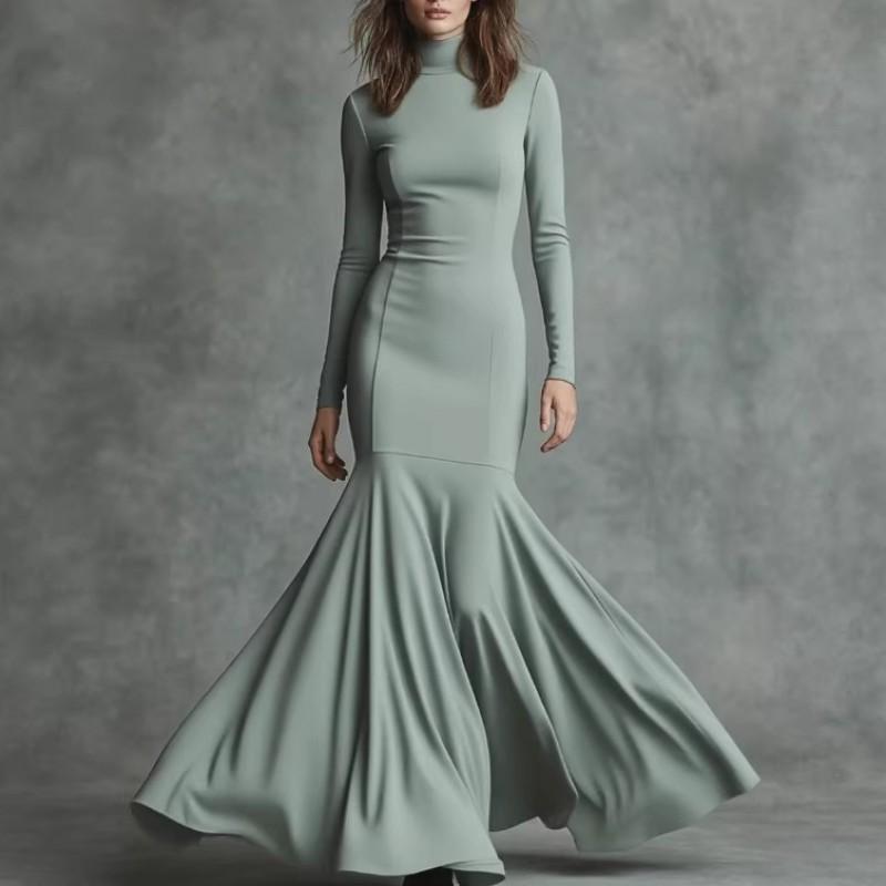Winter British Style Mermaid Dress Solid Color High Waist Long Sleeve Party