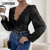 Lace Jumpsuit Long Sleeve Top Sexy V-Neck See Through Women's Bodysuit