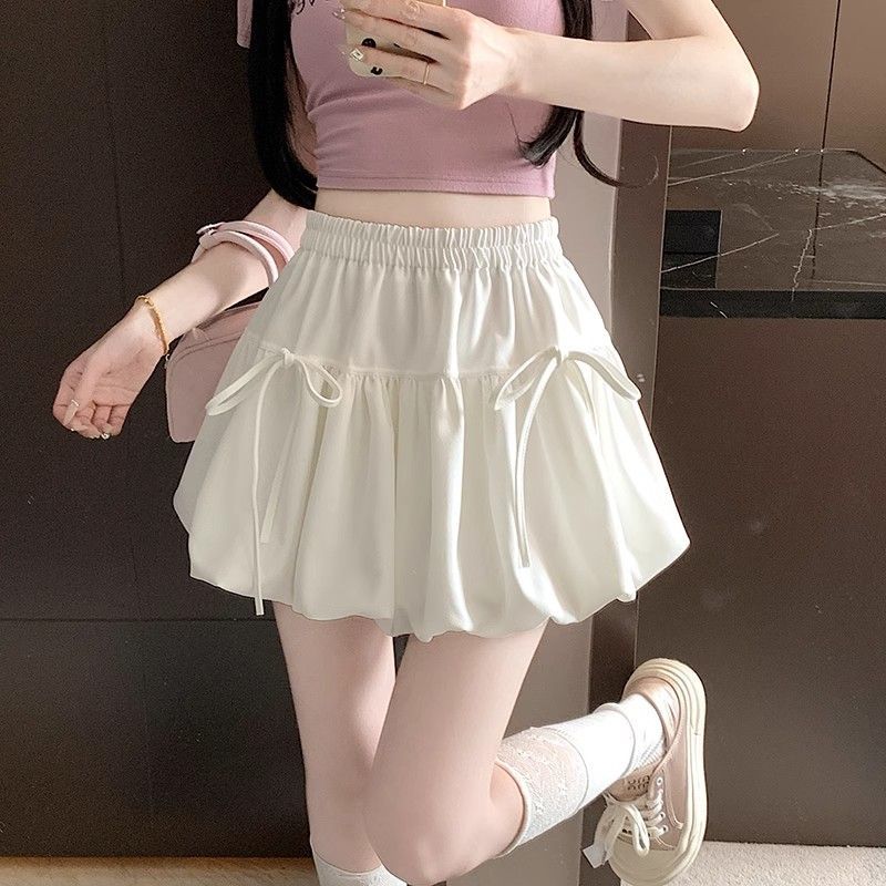 Юбка миди с бантом и подолом-пузырем, женская летняя юбка-фонарик с высокой талией, утягивающая, короткая юбка-фонарик