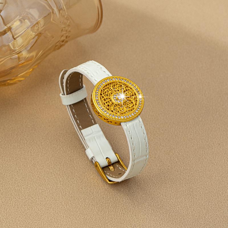 New Eight Treasures Compass Leather Strap Bamboo Pattern Strap Ancient Gold Inlaid Zircon Bracelet Transshipment Jewelry Women