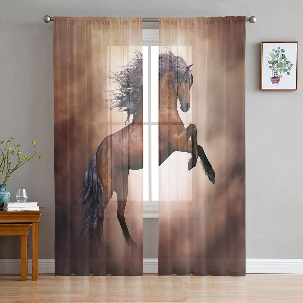 Running Horse Animal Sheer Curtains Living Room Window Tulle Curtains For Bedroom Kitchen Home Decoration Voile Drapes