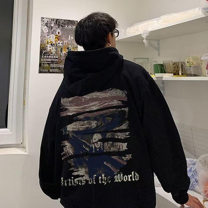 "Trendy Men's American-Style Hooded Sweatshirt - Autumn/Winter Velvet, Loose Fit, Casual Jacket for Teens"